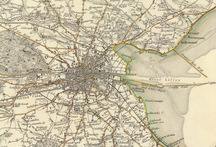 Old Map of Dublin and Suburbs, Ireland, 1837 by SDUK - Leinster, Dublin Bay, Greater Dublin