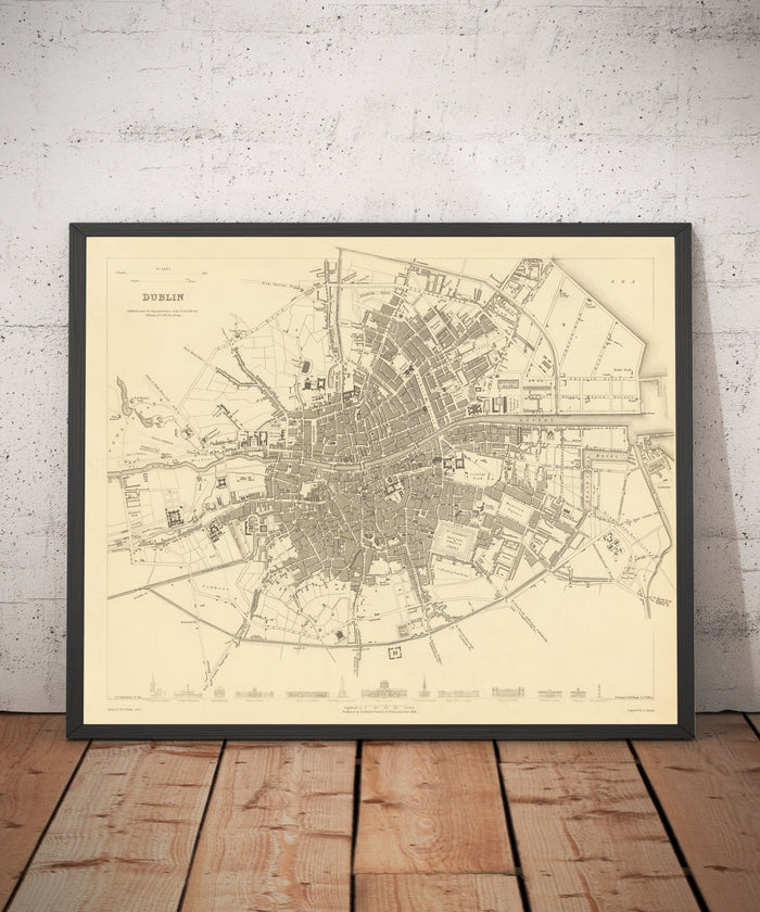 Old Map of Dublin, Ireland, 1836 by WB Clark for SDUK - River Liffey, Leinster, Co. Dublin
