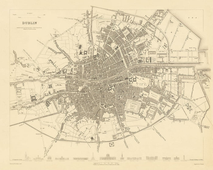 Old Map of Dublin, Ireland, 1836 by WB Clark for SDUK - River Liffey, Leinster, Co. Dublin
