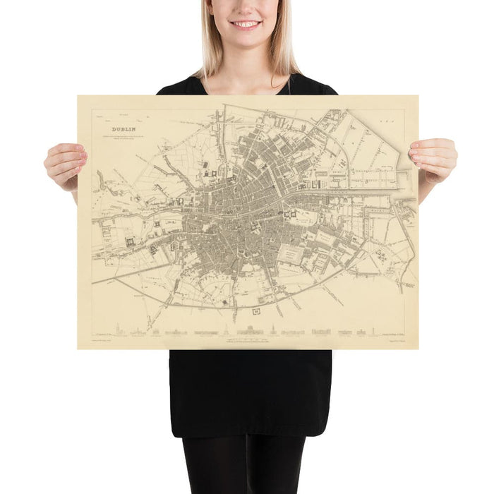 Old Map of Dublin, Ireland, 1836 by WB Clark for SDUK - River Liffey, Leinster, Co. Dublin