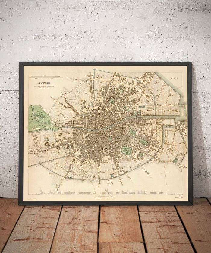 Old Map of Dublin, Ireland in 1836 by WB Clark - River Liffey, Leinster, County Dublin