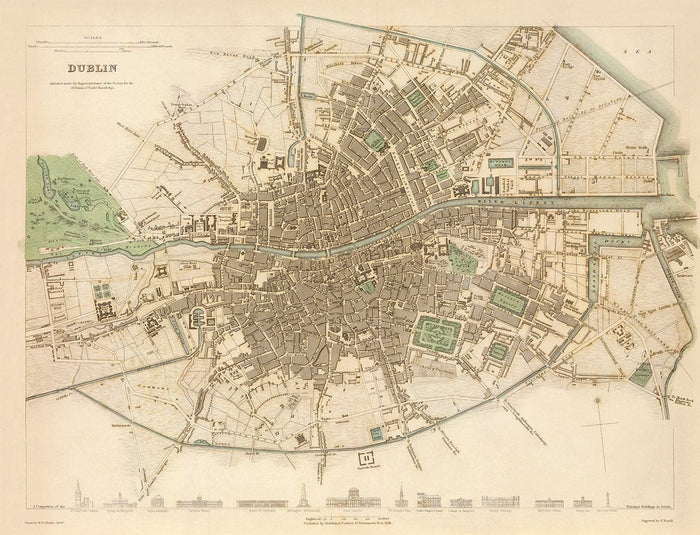 Old Map of Dublin, Ireland in 1836 by WB Clark - River Liffey, Leinster, County Dublin