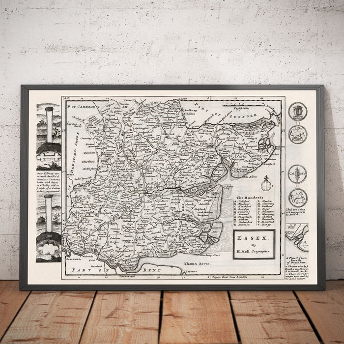 Old Map of Essex 1724, by Herman Moll - Southend, Colchester, Chelmsford, Basildon, Romford