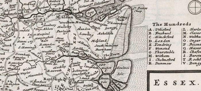 Old Map of Essex 1724, by Herman Moll - Southend, Colchester, Chelmsford, Basildon, Romford