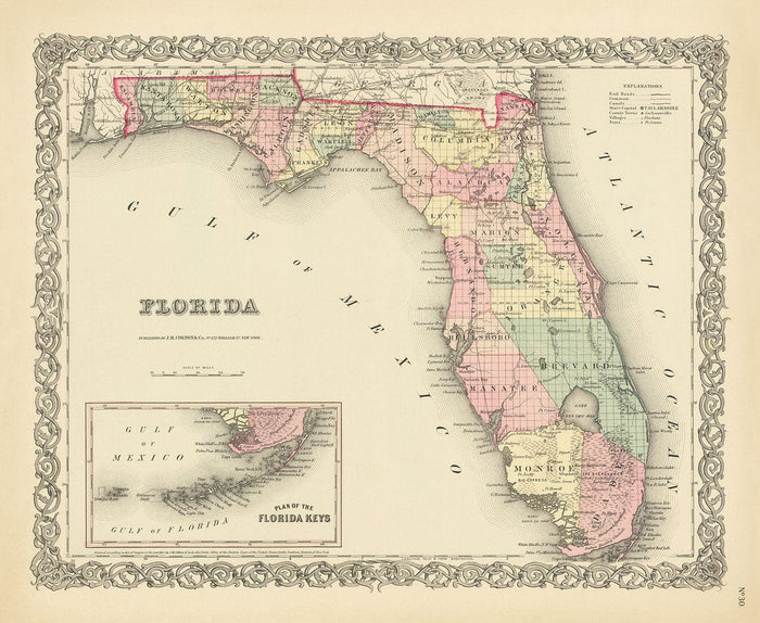 Old Map of Florida in 1855 by Colton - Keys, Panhandle, Jacksonville, Tampa, Dade, Tallahassee, Ft Lauderdale