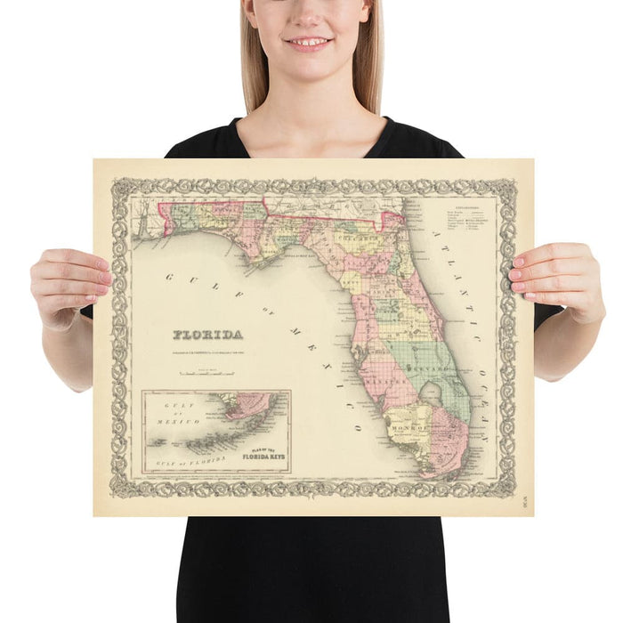 Old Map of Florida in 1855 by Colton - Keys, Panhandle, Jacksonville, Tampa, Dade, Tallahassee, Ft Lauderdale