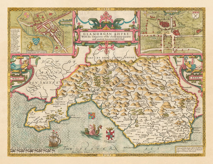 Old Map of Glamorgan Wales, 1611 by John Speed - Cardiff, Swansea, Bridgend, Port Talbot, Barry