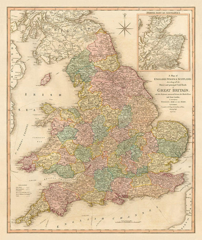 Old Map of Great Britain, 1801 by Faden - England, Wales, Scotland, Roads, Canals, Mail Coach