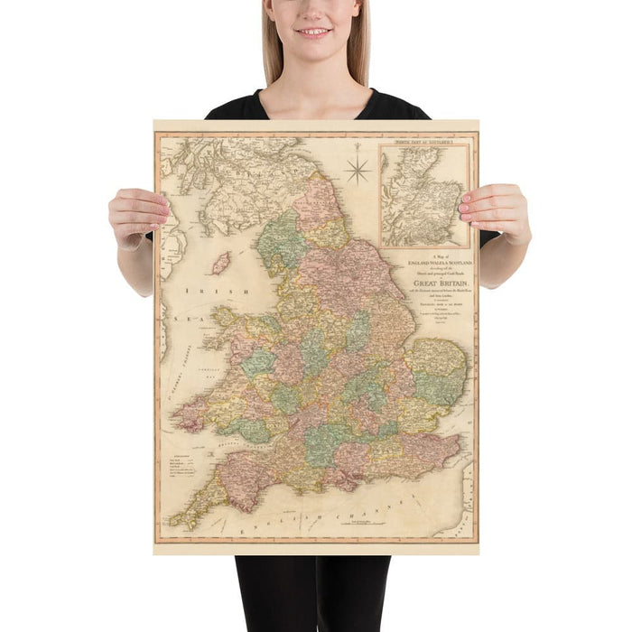 Old Map of Great Britain, 1801 by Faden - England, Wales, Scotland, Roads, Canals, Mail Coach
