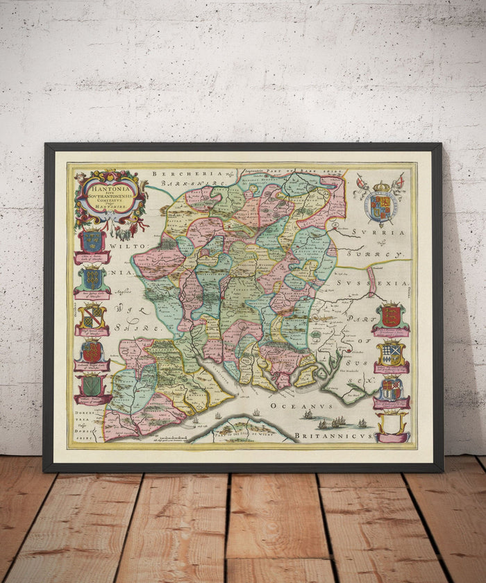 Old Map of Hampshire, 1665 by Joan Blaeu - Winchester, Portsmouth, Southampton, Basingstoke, Farnborough, Havant