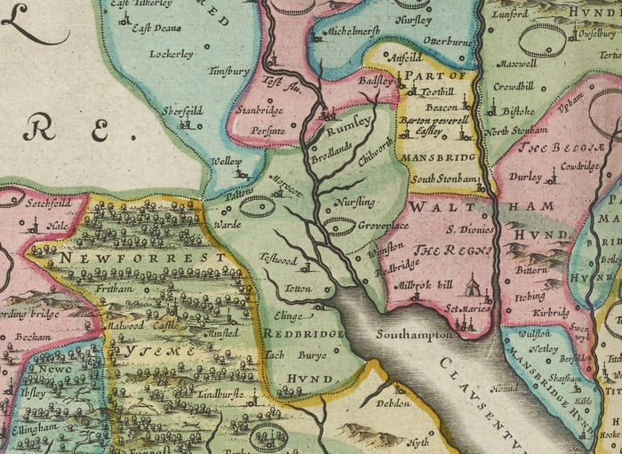 Old Map of Hampshire, 1665 by Joan Blaeu - Winchester, Portsmouth, Southampton, Basingstoke, Farnborough, Havant