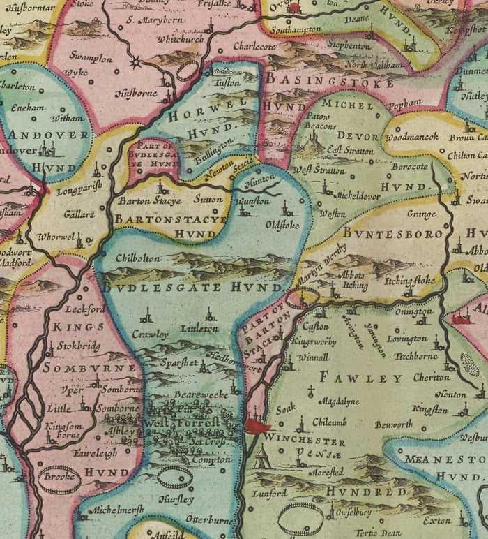 Old Map of Hampshire, 1665 by Joan Blaeu - Winchester, Portsmouth, Southampton, Basingstoke, Farnborough, Havant