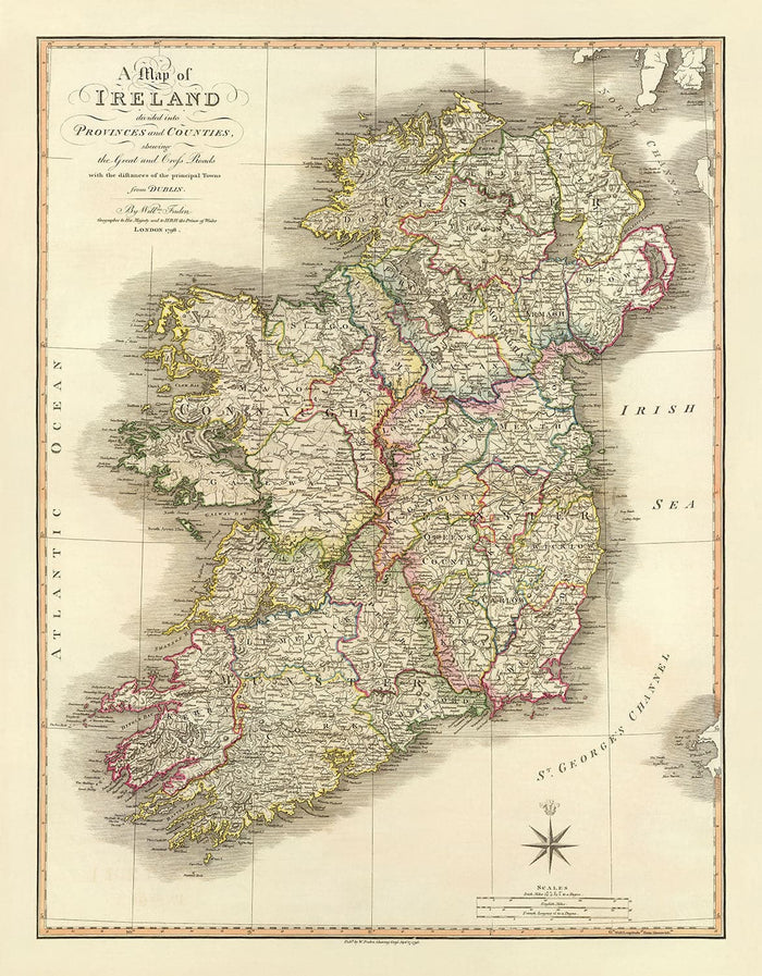 Old Map of Ireland in 1798 by W. Faden - Rare Colour Atlas Map - Dublin, Belfast, Cork
