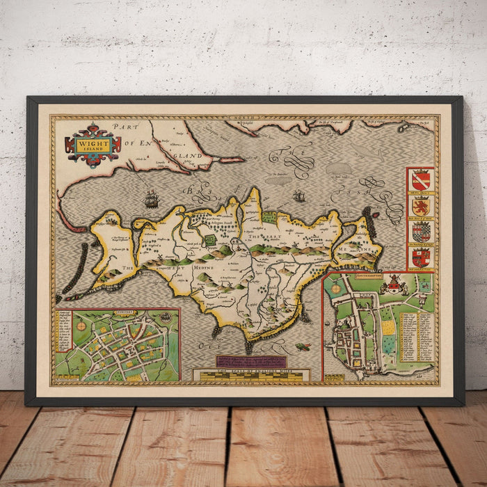 Old Map of Isle of Wight, 1611 by John Speed - Newport, Ride, Cowes, Sandown, Shanklin