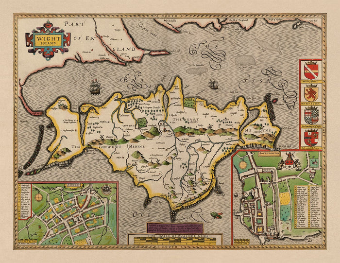 Old Map of Isle of Wight, 1611 by John Speed - Newport, Ride, Cowes, Sandown, Shanklin