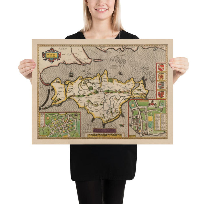 Old Map of Isle of Wight, 1611 by John Speed - Newport, Ride, Cowes, Sandown, Shanklin