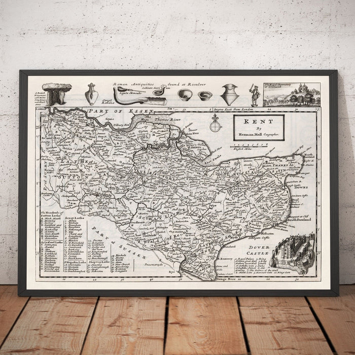 Old Map of Kent 1724, Herman Moll - Dartford, Maidstone, Bromley, Tunbridge, Gillingham, Chatham