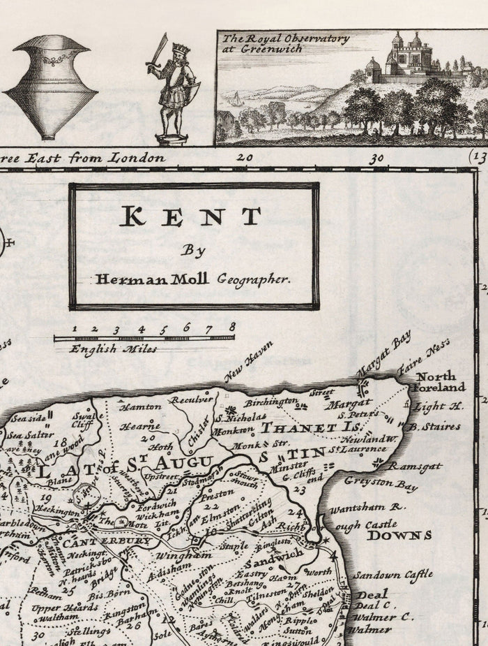 Old Map of Kent 1724, Herman Moll - Dartford, Maidstone, Bromley, Tunbridge, Gillingham, Chatham