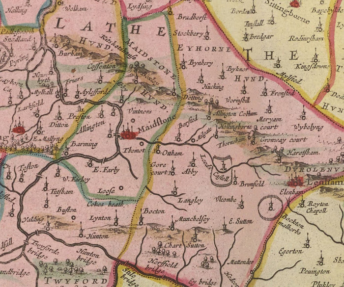Old Map of Kent in 1665 by Joan Blaeu - Canterbury, Maidstone, Bromley, Tunbridge, Margate, Dartford
