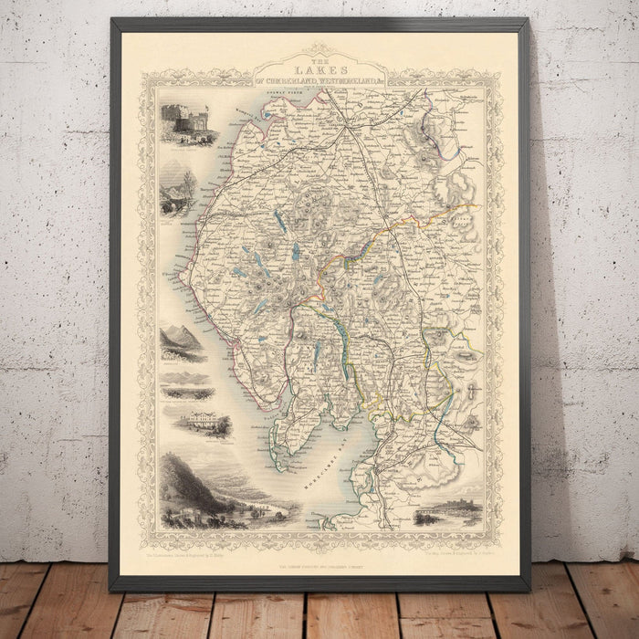 Old Map of Lake District, 1851 by Tallis & Rapkin - Cumbria, Westmorland, Lancashire, Windermere, Lakeland