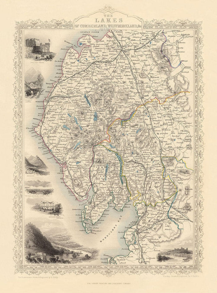 Old Map of Lake District, 1851 by Tallis & Rapkin - Cumbria, Westmorland, Lancashire, Windermere, Lakeland