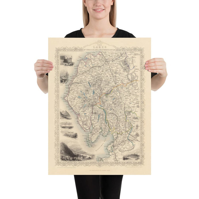 Old Map of Lake District, 1851 by Tallis & Rapkin - Cumbria, Westmorland, Lancashire, Windermere, Lakeland