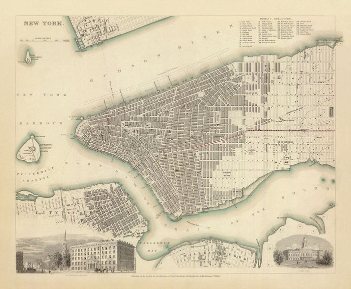 Old Map of New York, USA in 1840 - Manhattan, Brooklyn, Williamsburg, Hudson River