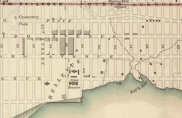 Old Map of New York, USA in 1840 - Manhattan, Brooklyn, Williamsburg, Hudson River