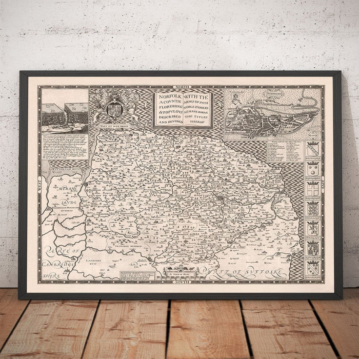 Old Map of Norfolk, 1611 by John Speed - Norwich, Great Yarmouth, King's Lynn, Thetford, Fakenham