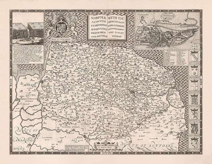 Old Map of Norfolk, 1611 by John Speed - Norwich, Great Yarmouth, King's Lynn, Thetford, Fakenham