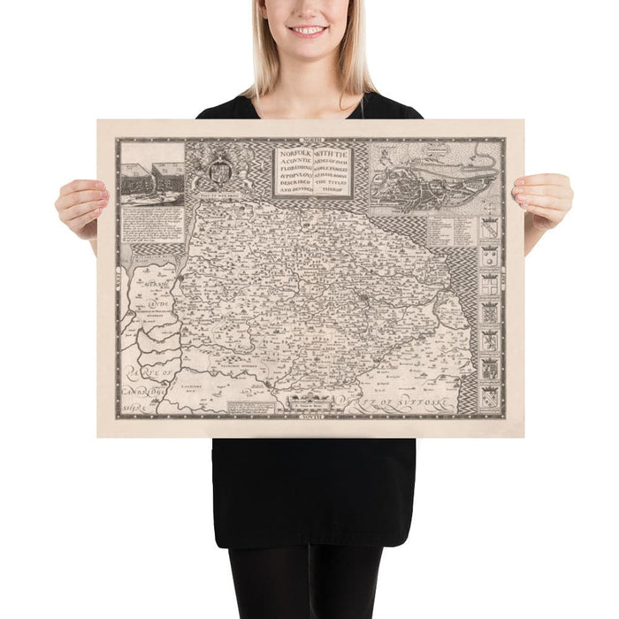 Old Map of Norfolk, 1611 by John Speed - Norwich, Great Yarmouth, King's Lynn, Thetford, Fakenham