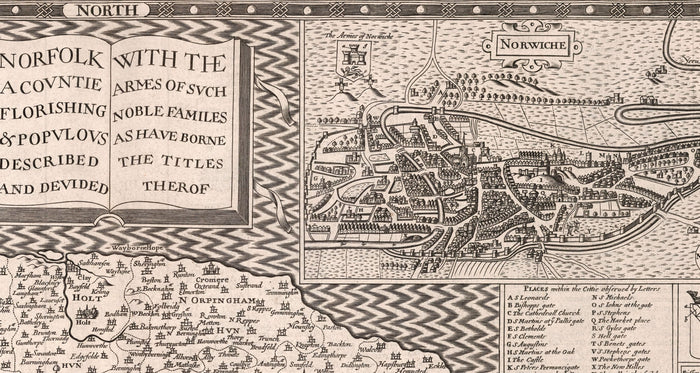 Old Map of Norfolk, 1611 by John Speed - Norwich, Great Yarmouth, King's Lynn, Thetford, Fakenham