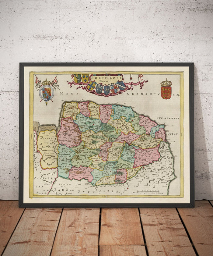 Old Map of Norfolk in 1665 by Joan Blaeu - Norwich, Great Yarmouth, King's Lynn, Thetford, Swaffham, Fakenham, East Anglia