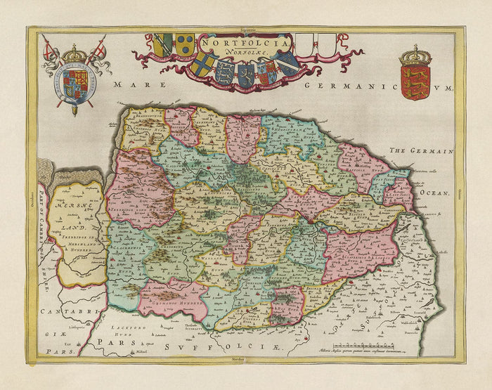 Old Map of Norfolk in 1665 by Joan Blaeu - Norwich, Great Yarmouth, King's Lynn, Thetford, Swaffham, Fakenham, East Anglia