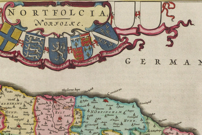 Old Map of Norfolk in 1665 by Joan Blaeu - Norwich, Great Yarmouth, King's Lynn, Thetford, Swaffham, Fakenham, East Anglia