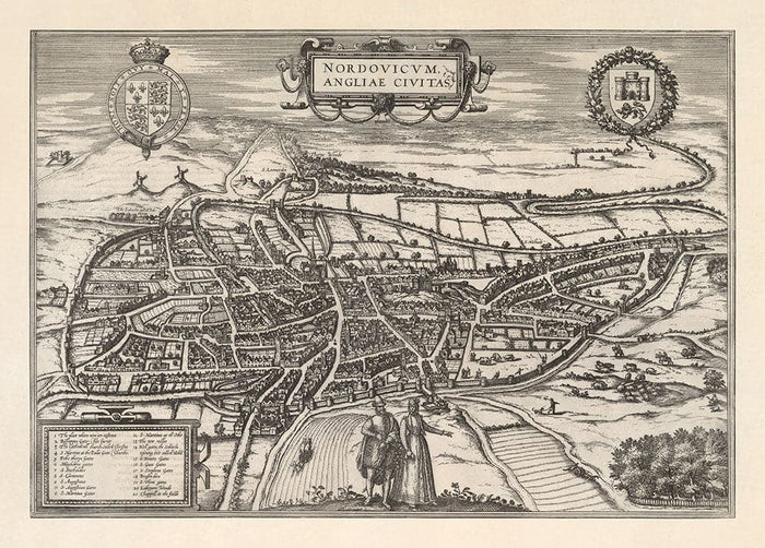 Old Map of Norwich, East Anglia 1581 by Georg Braun, Civitates Orbis Terrarum - Castle, City Walls
