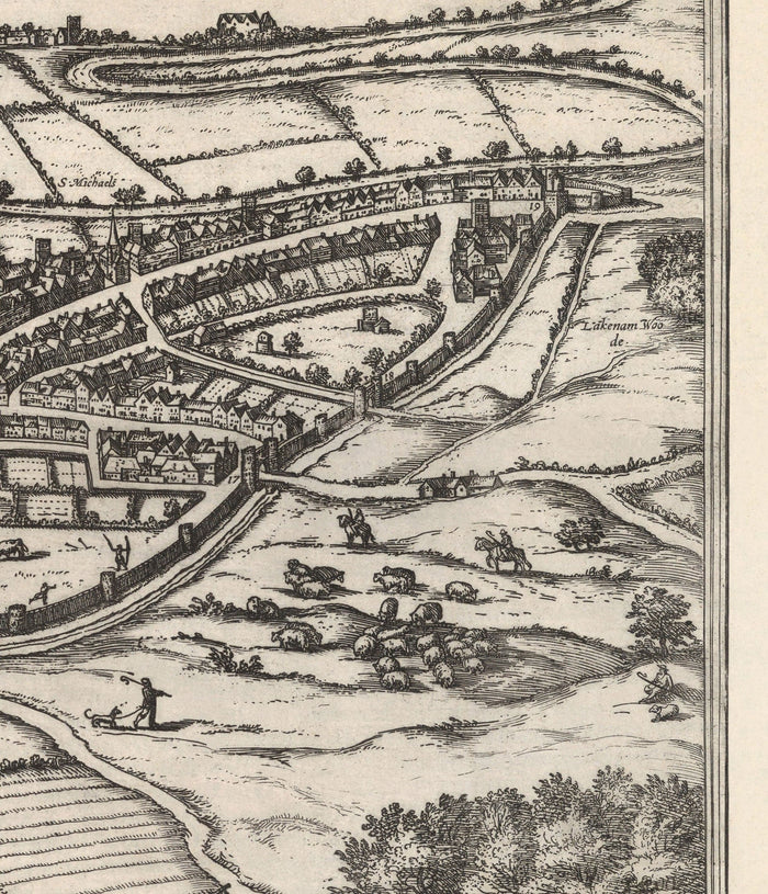 Old Map of Norwich, East Anglia 1581 by Georg Braun, Civitates Orbis Terrarum - Castle, City Walls