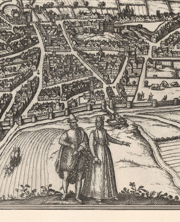 Old Map of Norwich, East Anglia 1581 by Georg Braun, Civitates Orbis Terrarum - Castle, City Walls