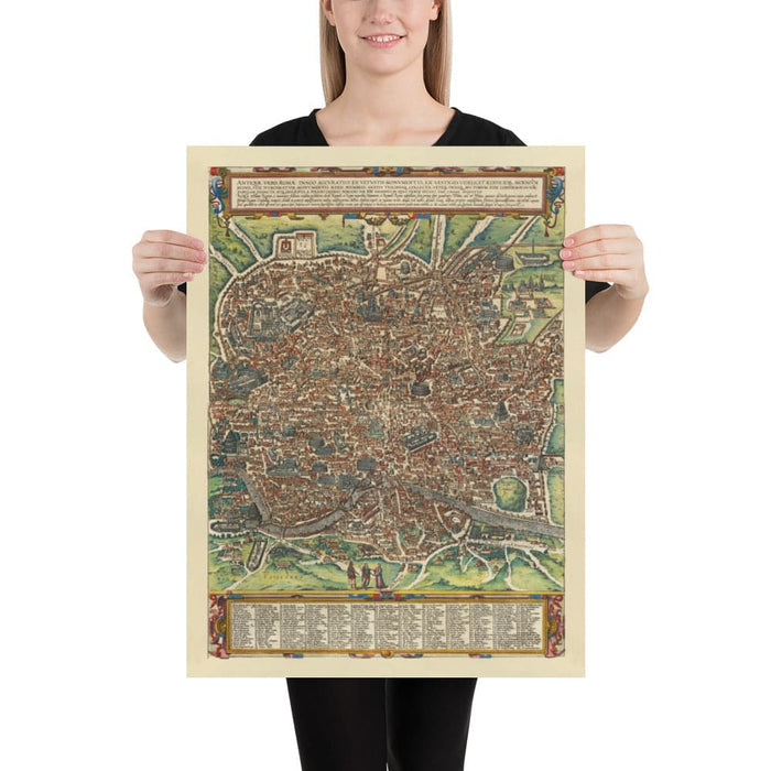 Old Map of Rome, 1588 by Georg Braun - Forum, Pantheon, Circus Maximus, Colosseum, Vatican