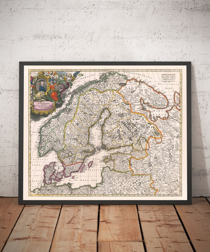 Old Map of Scandinavia, 1720 by Johann Baptist Homann - Nordic, Baltic, Denmark, Sweden, Finland, Russia, Estonia, Latvia, Lithuania