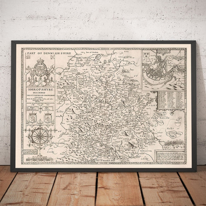 Old Map of Shropshire in 1611 by John Speed - Shrewsbury, Telford, Bridgnorth, Oswestry, Newport, Ludlow