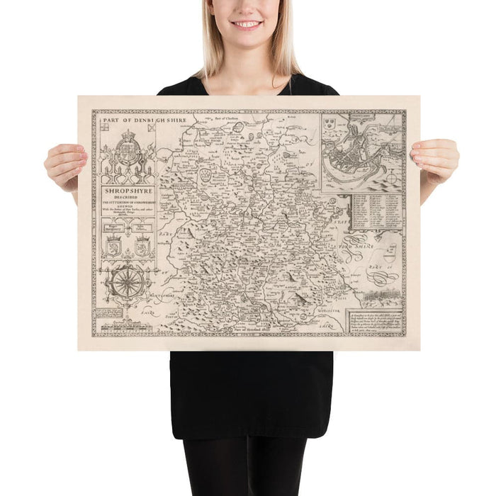 Old Map of Shropshire in 1611 by John Speed - Shrewsbury, Telford, Bridgnorth, Oswestry, Newport, Ludlow