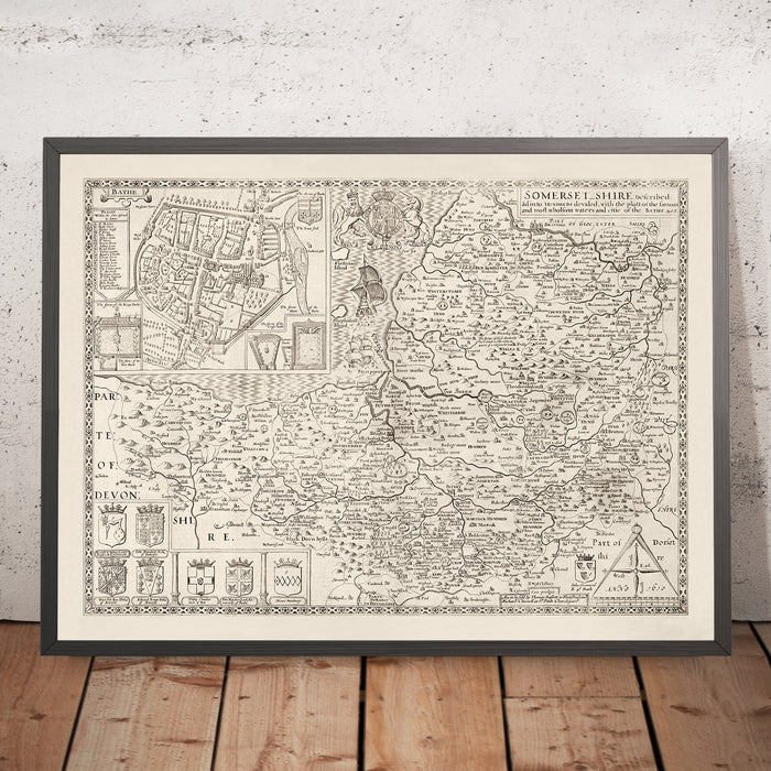 Old Map of Somerset in 1611 by John Speed - Bath, Portishead, Weston-Super-Mare, Taunton, Yeovil
