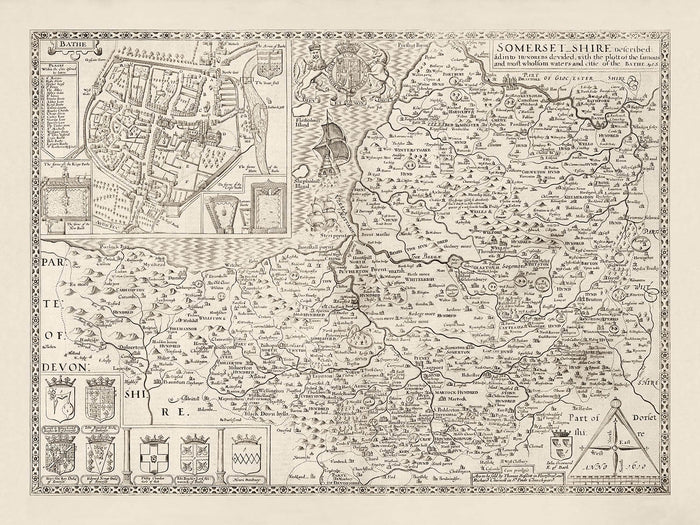 Old Map of Somerset in 1611 by John Speed - Bath, Portishead, Weston-Super-Mare, Taunton, Yeovil