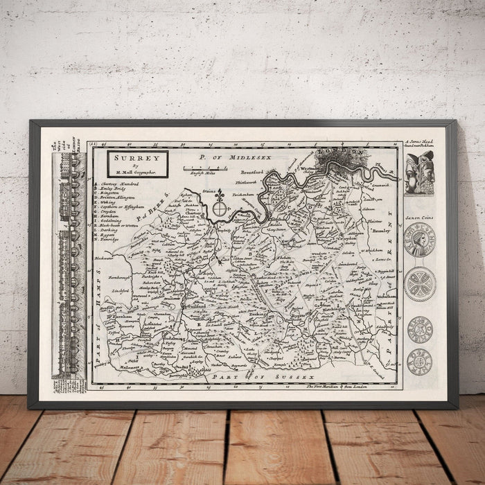 Old Map of Surrey 1724 by Herman Moll - Woking, Guildford, Croydon, Richmond, Lambeth, Southwark