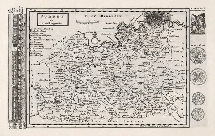 Old Map of Surrey 1724 by Herman Moll - Woking, Guildford, Croydon, Richmond, Lambeth, Southwark