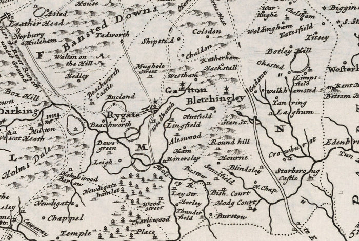 Old Map of Surrey 1724 by Herman Moll - Woking, Guildford, Croydon, Richmond, Lambeth, Southwark