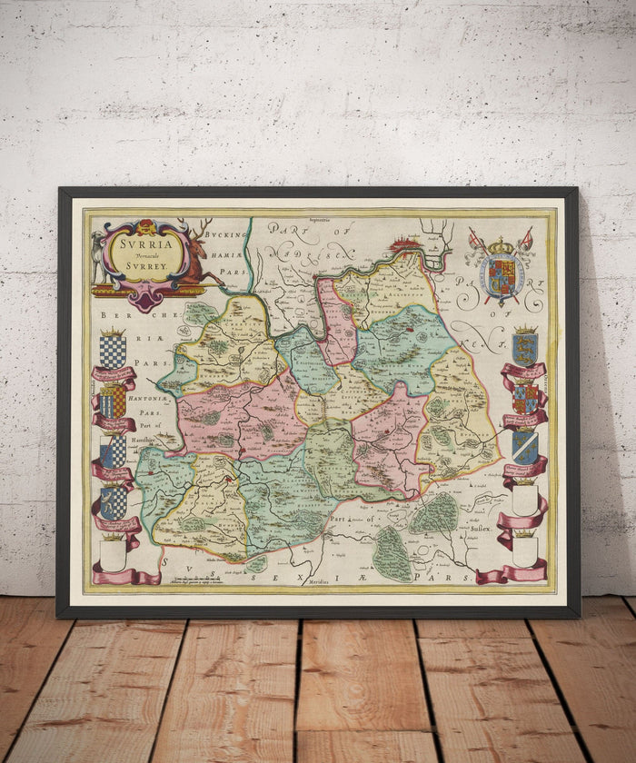 Old Map of Surrey in 1665 by Joan Blaeu - Woking, Guildford, Croydon, Richmond, Kingston, Reigate