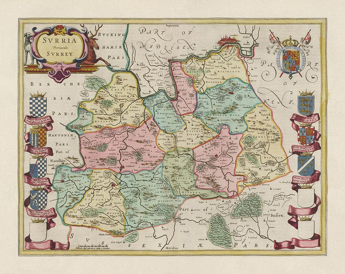 Old Map of Surrey in 1665 by Joan Blaeu - Woking, Guildford, Croydon, Richmond, Kingston, Reigate