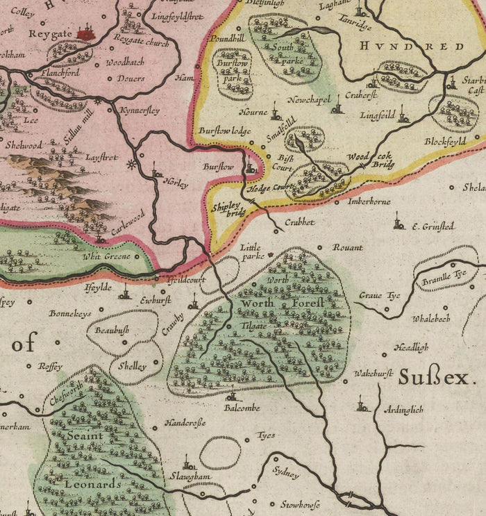 Old Map of Surrey in 1665 by Joan Blaeu - Woking, Guildford, Croydon, Richmond, Kingston, Reigate